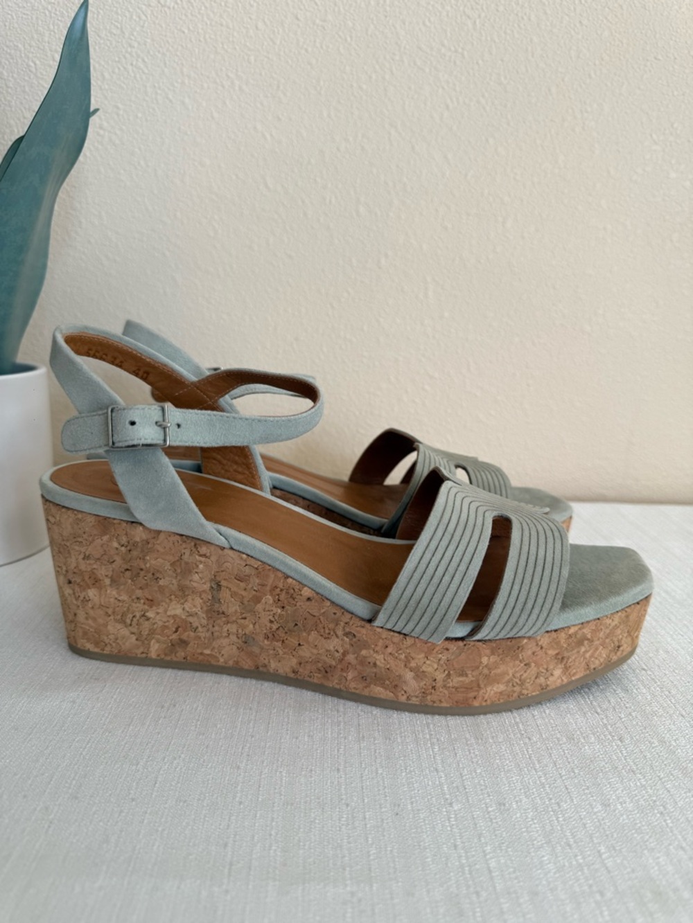 New COCLICO Midwood Women's Cork Wedge Sandals in Sage Green Leather